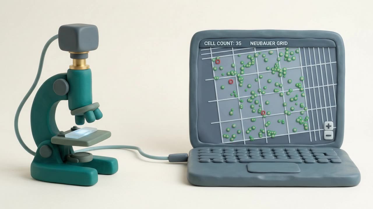 Stop-motion loop of a microscope wired to a laptop whose screen shows the grid with every cell marked and a live count