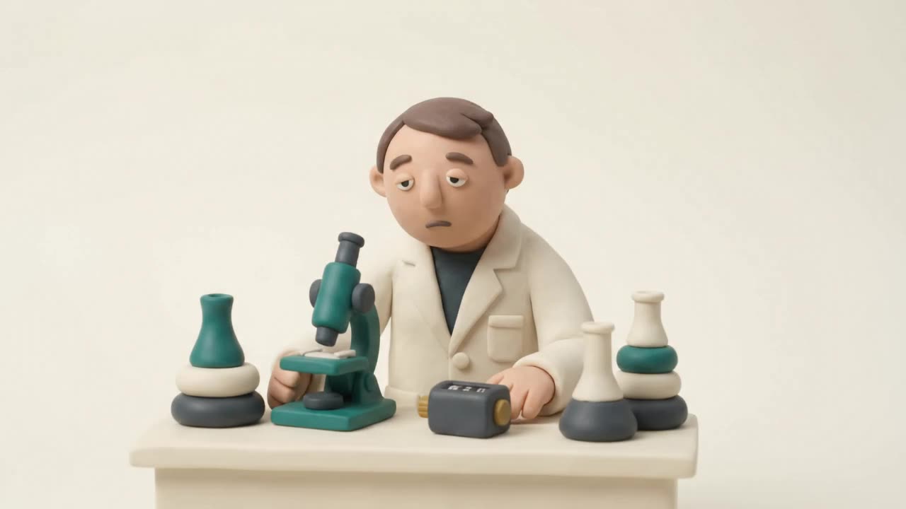 Stop-motion loop of Dr. Lowe counting cells at a microscope with a tally clicker