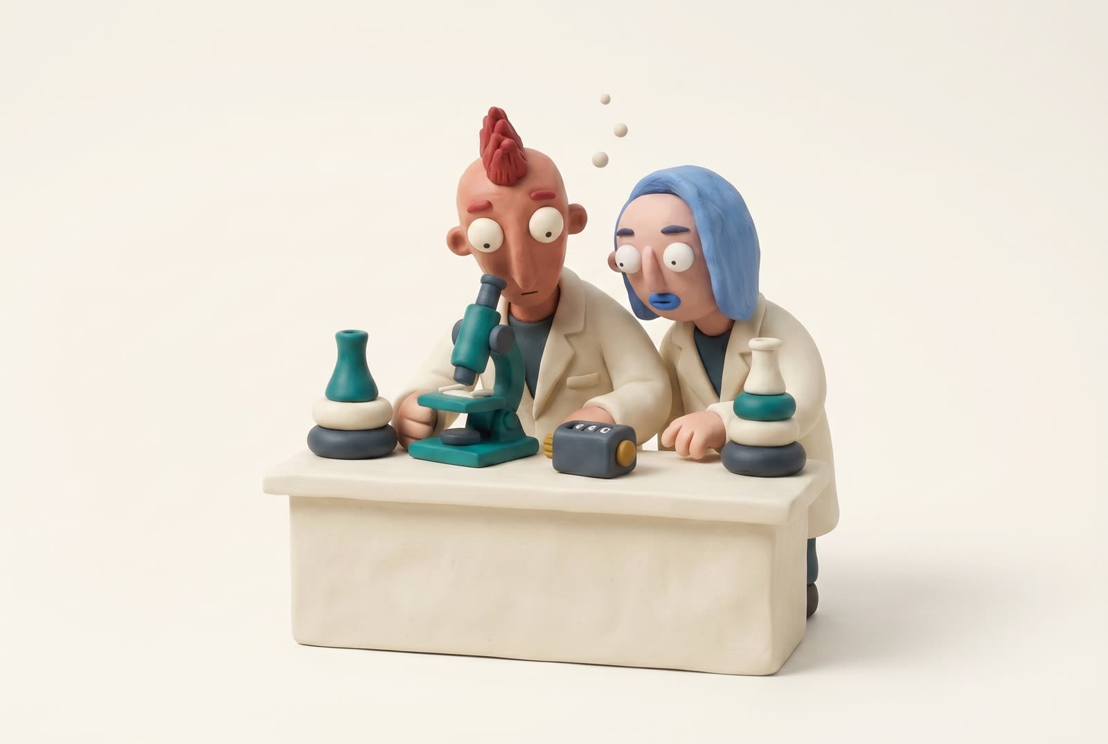 Two clay scientists at one bench, one counting at the microscope with a clicker while the other peers over their shoulder