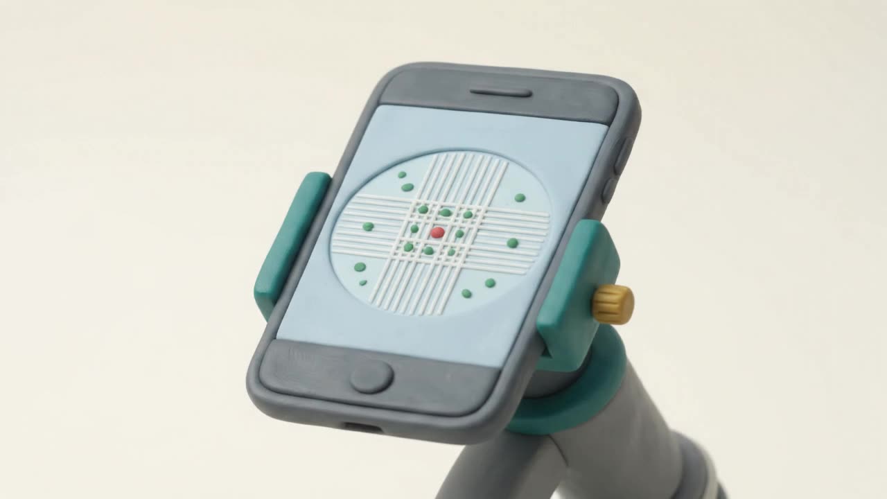 Stop-motion loop of a phone clamped over a microscope eyepiece, its screen showing the ruled grid and cells
