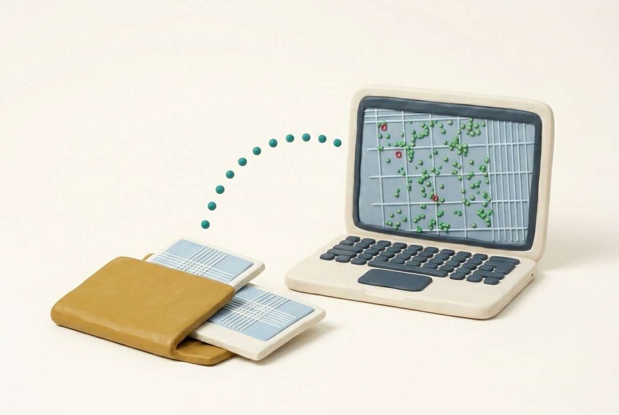 A folder of micrograph slides beside a laptop, images hopping across into the analysis screen