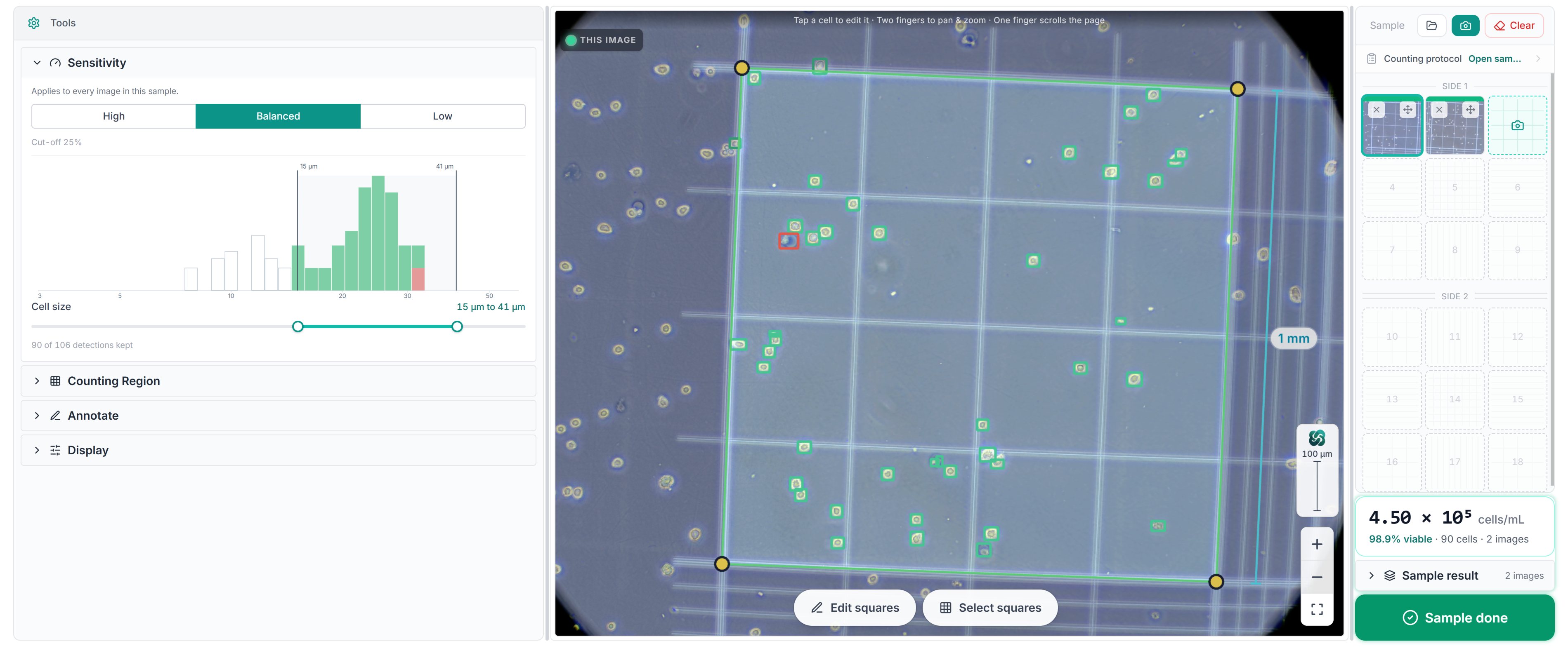 The counting surface: the sensitivity panel with the cell-size histogram and gate at 15 to 41 micrometres, the counted image with its measured grid and a corrected dead cell, the sample rail, and the two-image concentration result